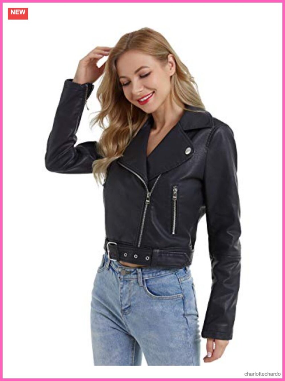 Faux Leather Moto Jacket Slim Belted PU Biker Coat Zip Cuff
